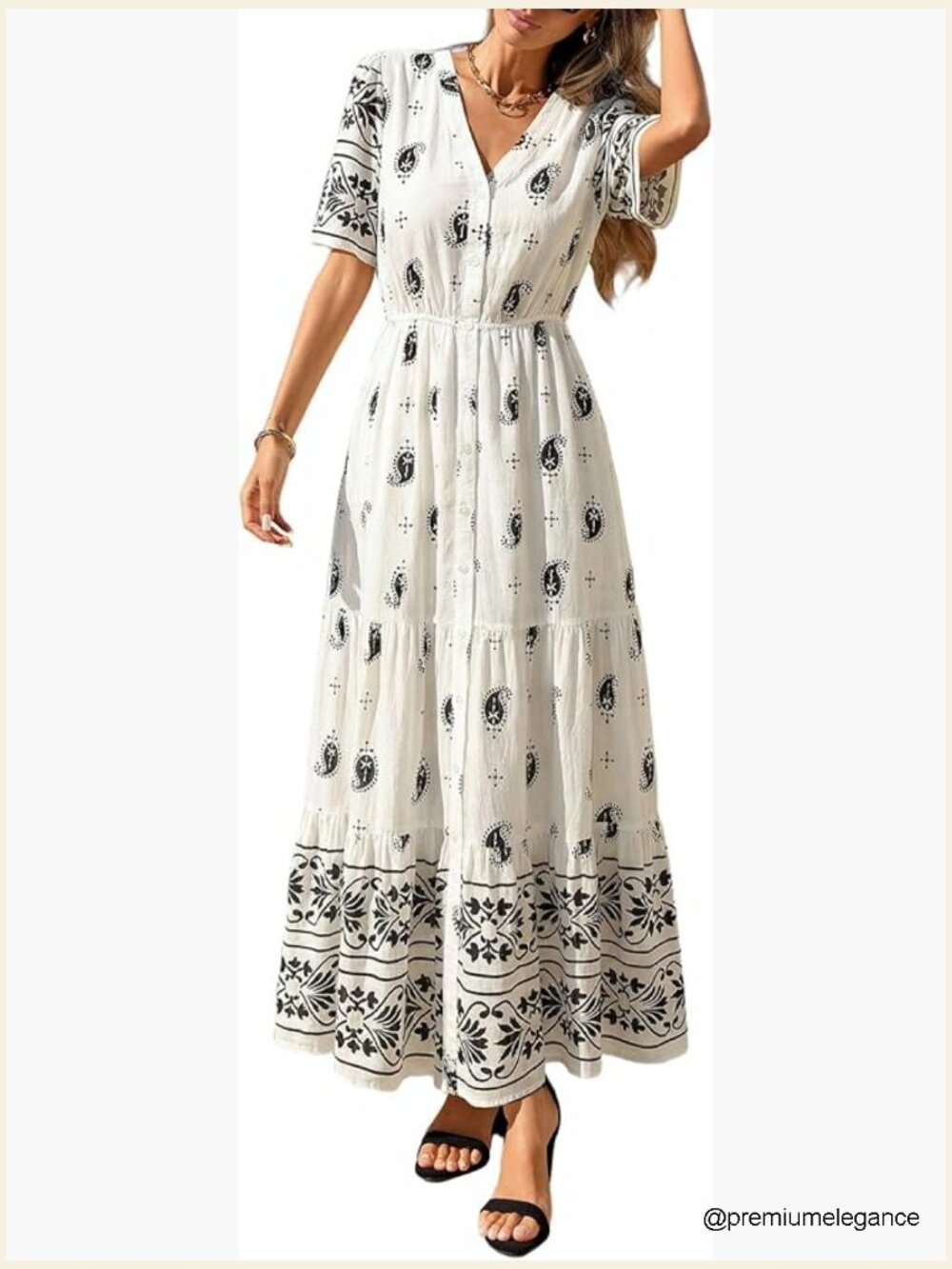 Lightweight Viscose Maxi Dress With Pockets, V-Neck, Short Sleeve, High Waist